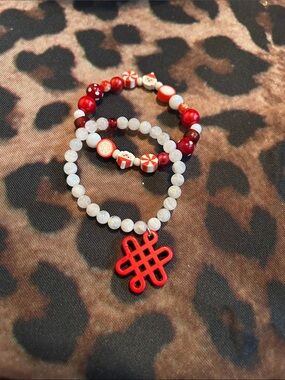Hand Crafted Red and White Beaded Bracelet Set